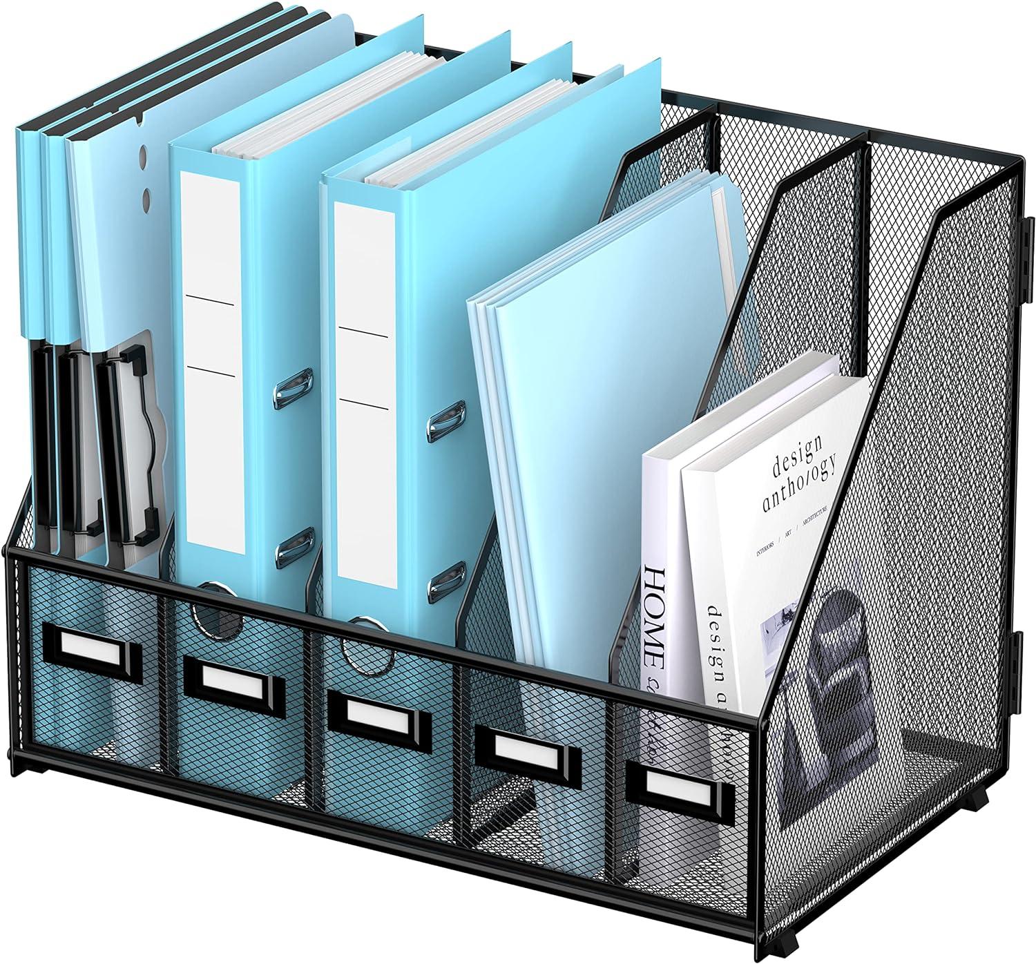 SUPEASY Desk Organizers Metal Desk Magazine File Holder With 5 Vertical Compartments Rack File Organizer For Office Desktop Home Workspace Black Plus