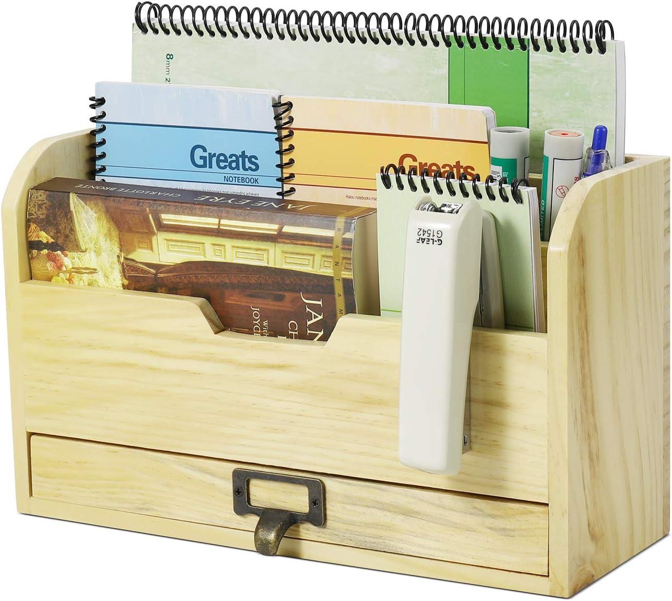 flexzion wood desk organizer - wooden mail organizer with drawer for mail bills accessories and pen - 3 tier