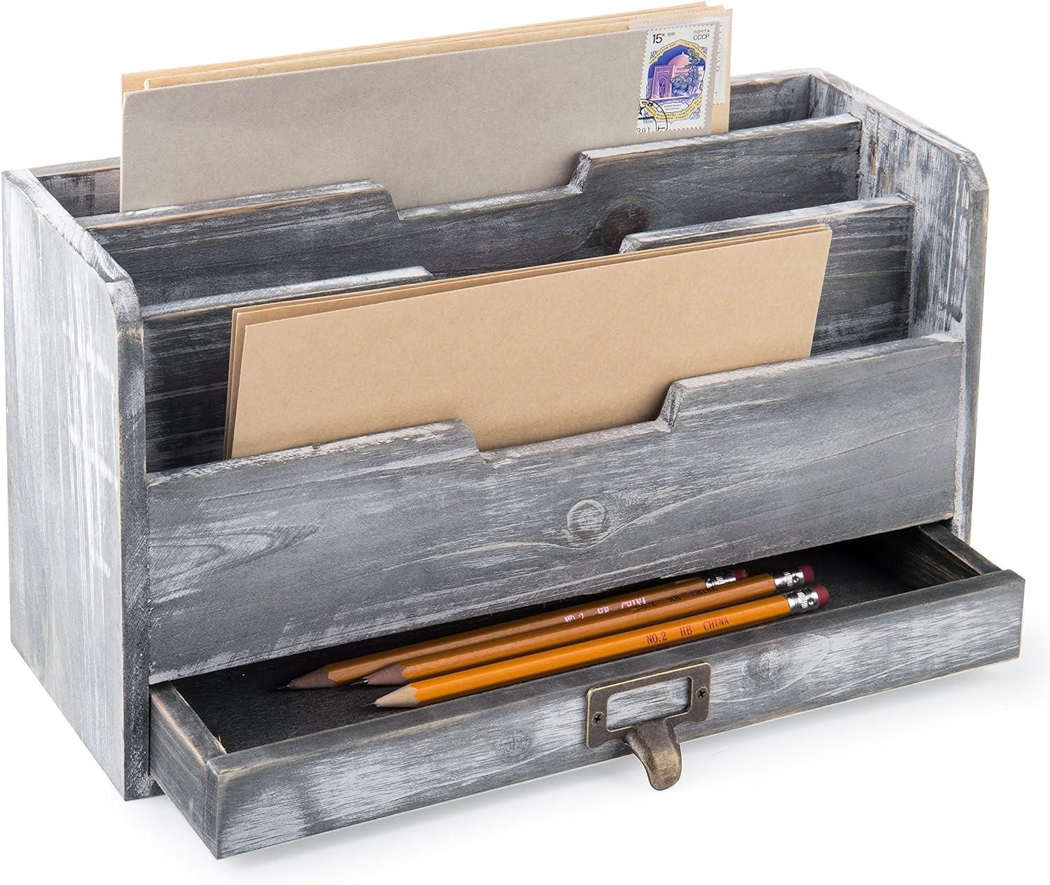 mygift rustic gray wood desktop mail sorter with pen and pencil drawer  mygift b07d1b36wc