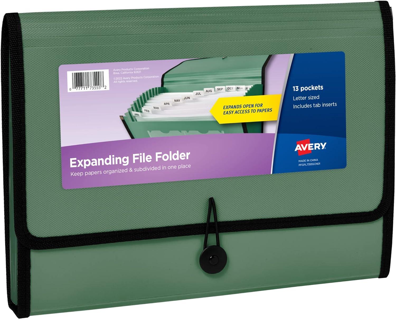 avery expanding file folder organizer 13-pocket accordion file organizer sage holds 425 letter/a4-size sheets