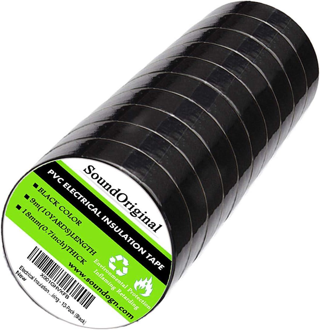 soundoriginal black electrical tape 10 pack 3/4-inch by 30 feet voltage level 600v dustproof adhesive for