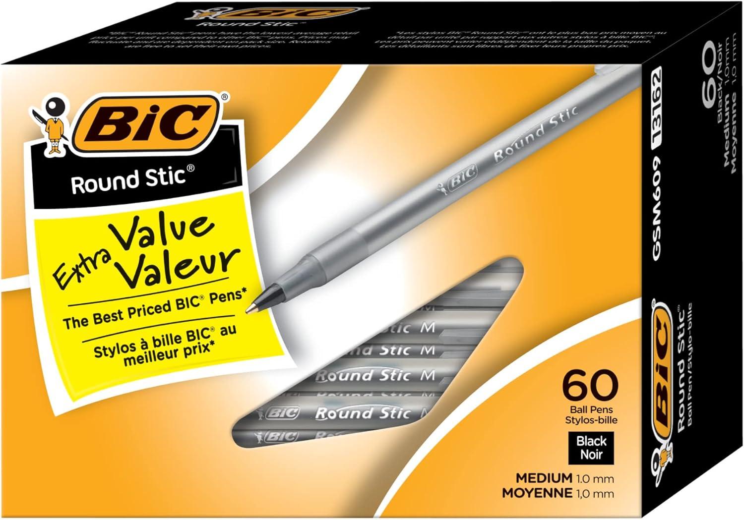 bic round stic extra life black ballpoint pens medium point 1 0mm 60-count pack of bulk pens  bic b0012yvgow