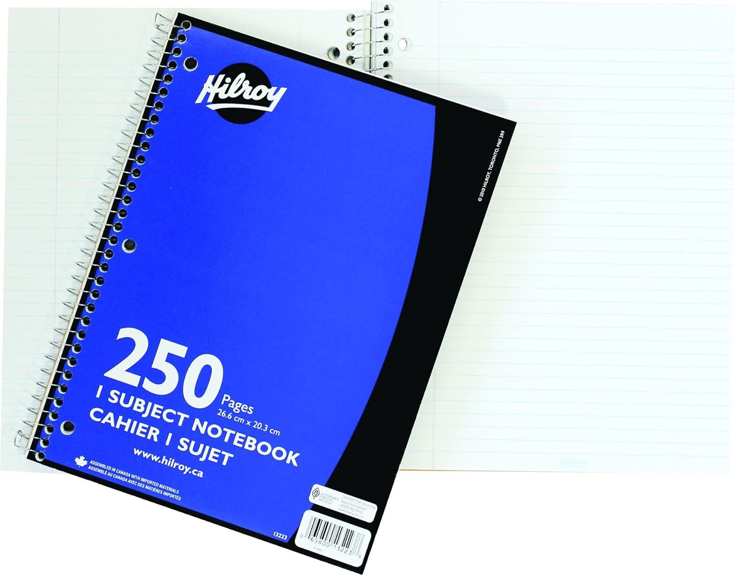 hilroy coil 3-subject notebook wide ruled 10 5 x 8 inches 150 sheets / 300 pages assorted colour covers 1