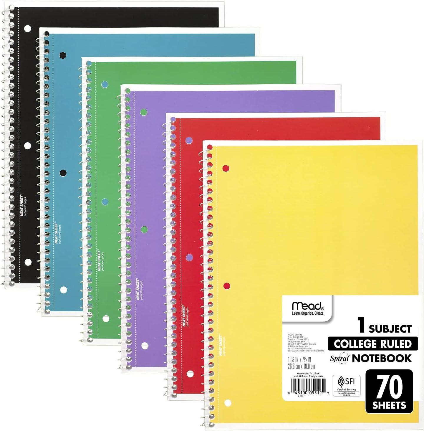 mead spiral notebook 1 subject 70 college ruled sheets assorted colors 6 pack 73065  mead b00p9u2em8