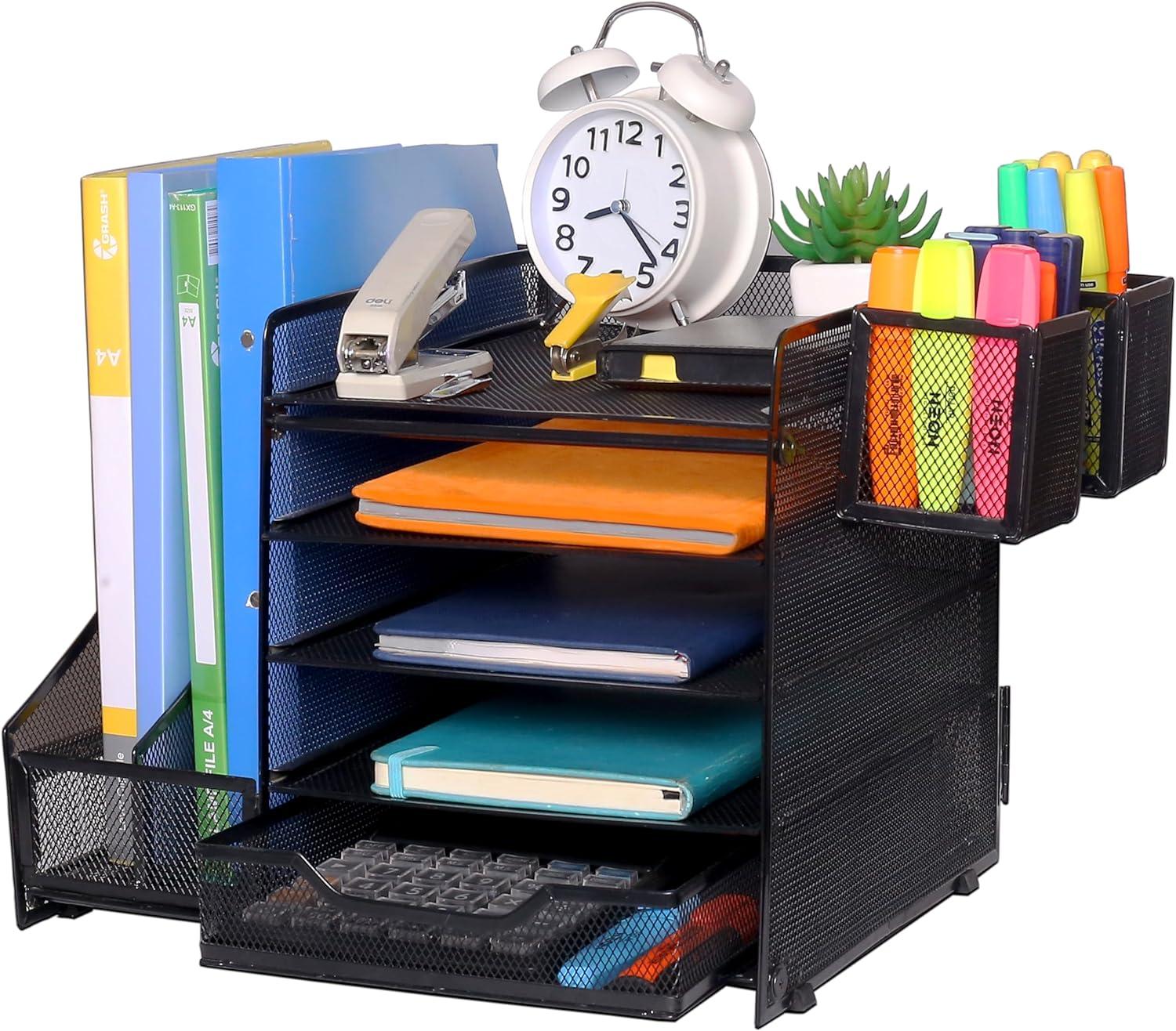 simartz 5-tier paper letter tray organizer with file holder - desk organizer with drawer and pen holders 