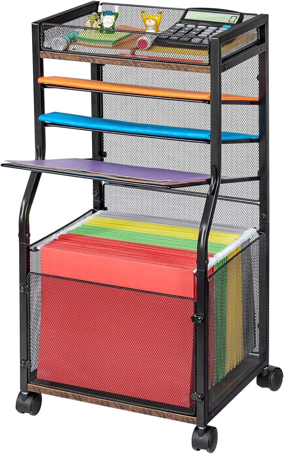 5-tier rolling file cart with hanging file folders mobile desk file organizer on lockable wheels 