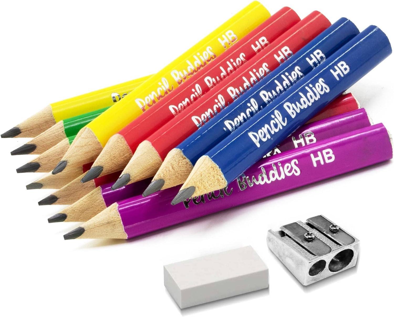Short Fat Kids Pencils - 12 Pencils With Thick Triangle Shape For Preschoolers Kindergarten Toddlers And Beginners - 12 Fat Pencils With 1 Sharpener And Eraser Pencil Buddies Multi Color