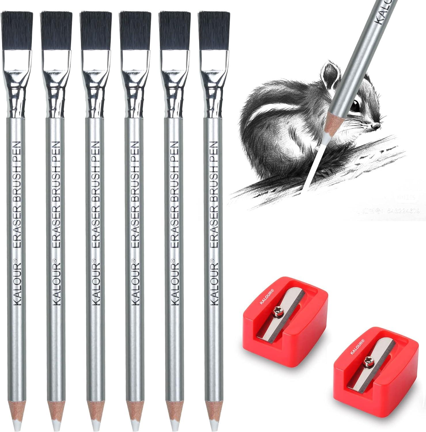 kalour eraser pencils set - 6pc eraser pencils with brush and 2pc sharpener  kalour b0bhykjfpx