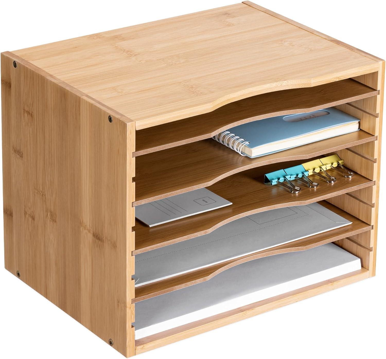 navaris bamboo desk file organizer - paper tray letter storage with 4 adjustable shelves - desktop inbox