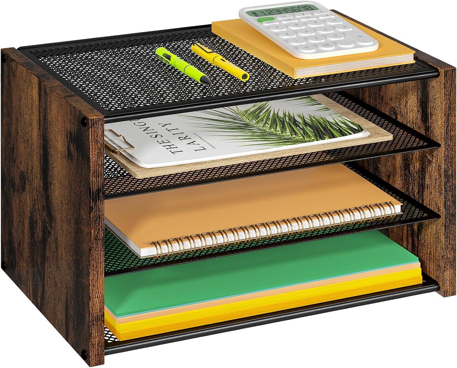 daoutime 3-tier paper organizer letter tray wooden desk file organizer stackable metal mesh desk organizer
