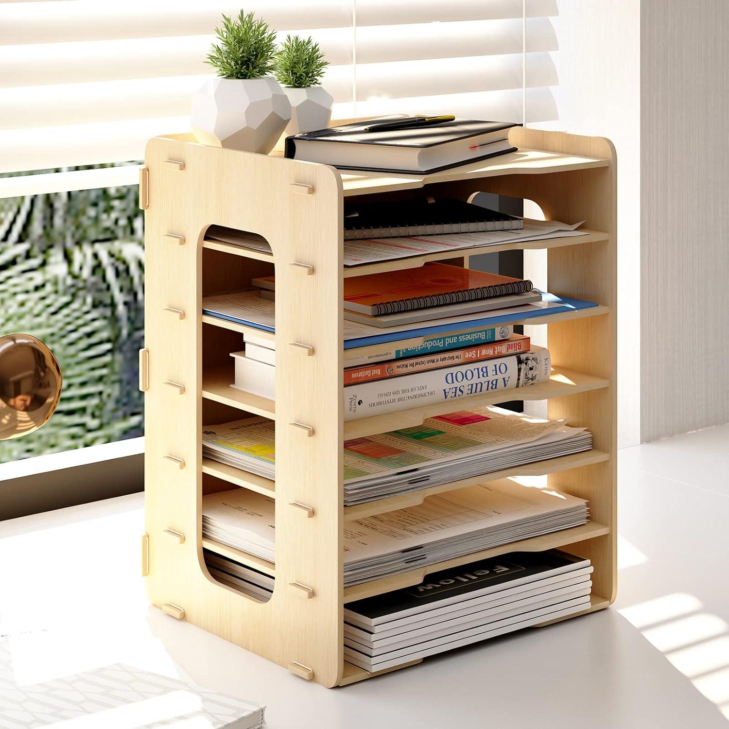 puncia 7tier widthways wood office paper organizer for desk desktop file holder desk letter tray and a4 paper