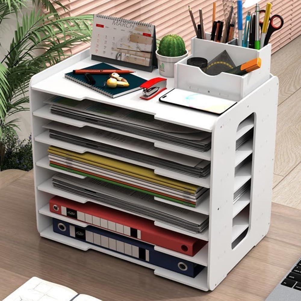 7-Tier Desk File Organizer Large Office Organizers And Storage With Pen Holder Desktop Paper Shelf Letter Tray For School Home Office Supplies White