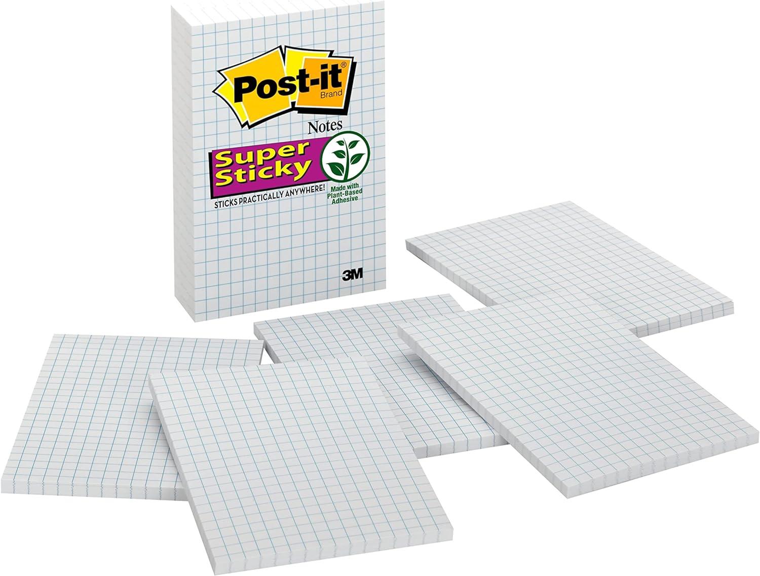 post-it super sticky notes 4x6 in 3 pads 2x the sticking power white with blue grid lines recyclable