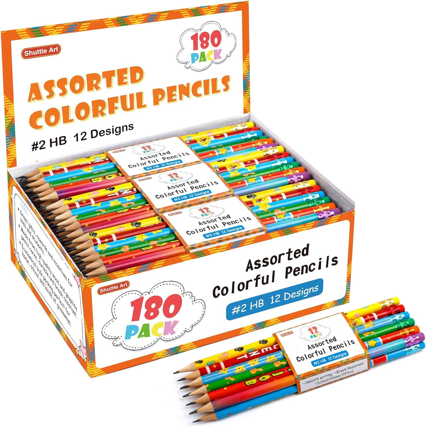 assorted colorful pencils shuttle art 180 pack kids pencils bulk with 12 designs 2 hb pre-sharpened awards 