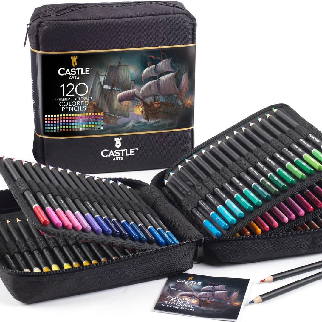 castle art supplies 120 colored pencils zipper-case set quality soft core colored leads for adult artists 