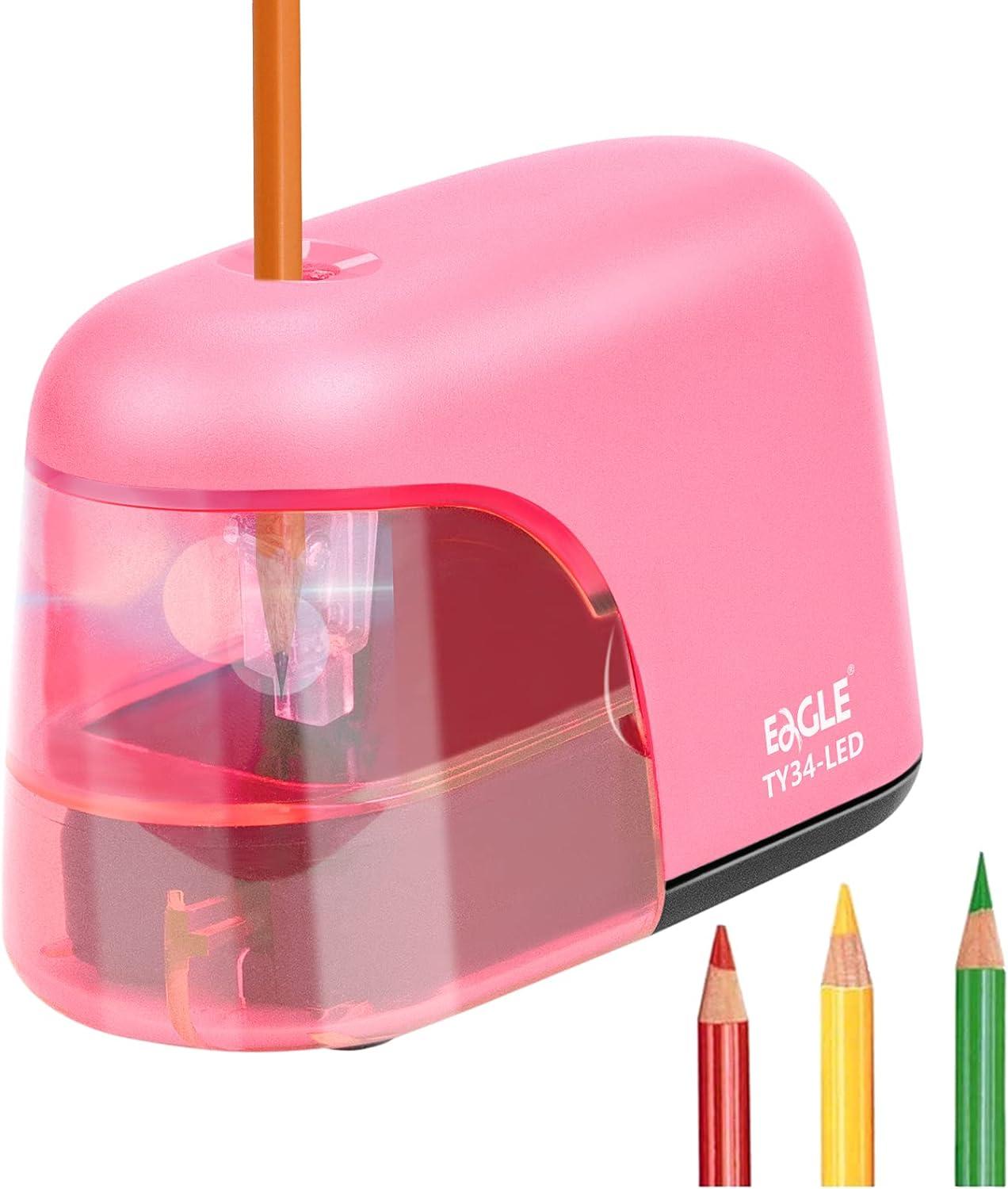 eagle battery operated electric pencil sharpener with led light shining during sharpening pencil pink  eagle