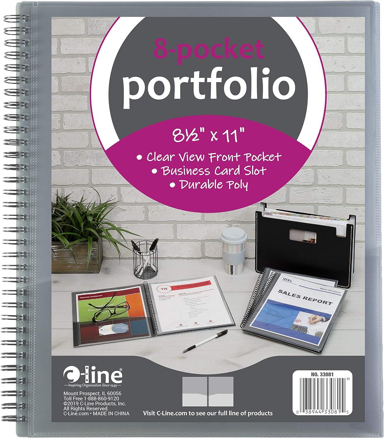 c-line 8-pocket spiral-bound poly portfolio letter size 1 portfolio smoke gray 33081  c-line b00gy3k1bu