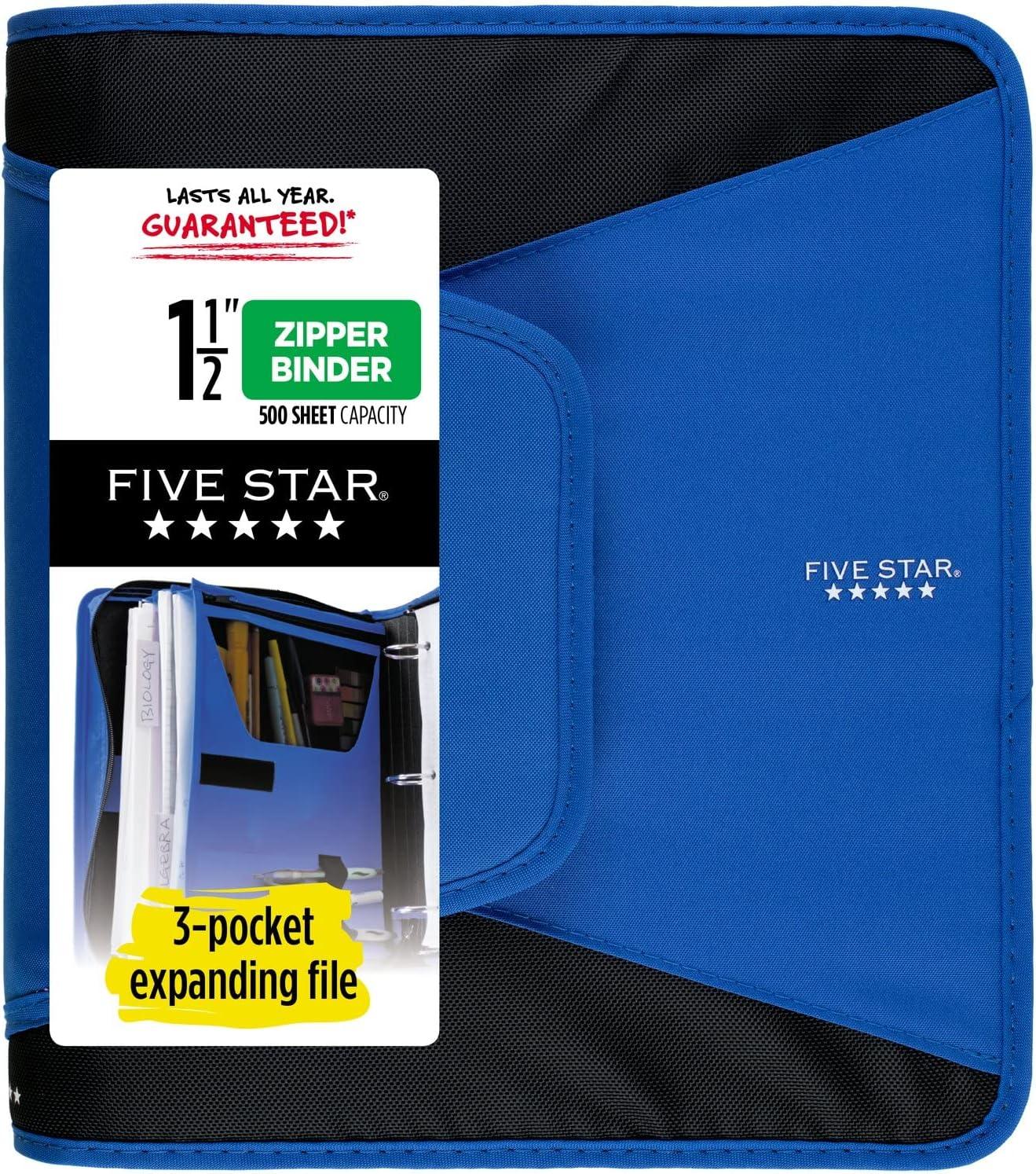 five star zipper binder 1-1/2 inch 3-ring binder for school 3 pocket expanding file 500 sheet capacity blue