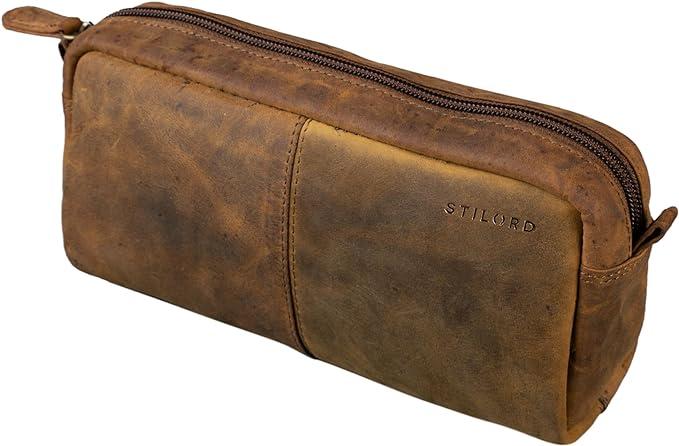 stilord spencer vintage pencil pouch leather pen case holder with zipper makeup bag leather colour middle