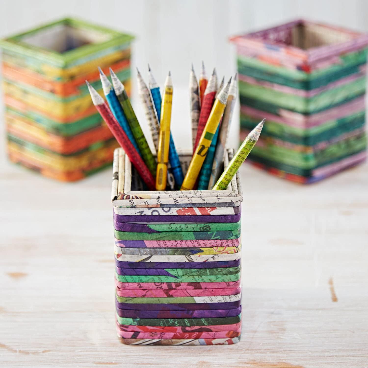 recycled newspaper pencil holder square or round sustainable pencil pot handmade colourful pen holder  paper