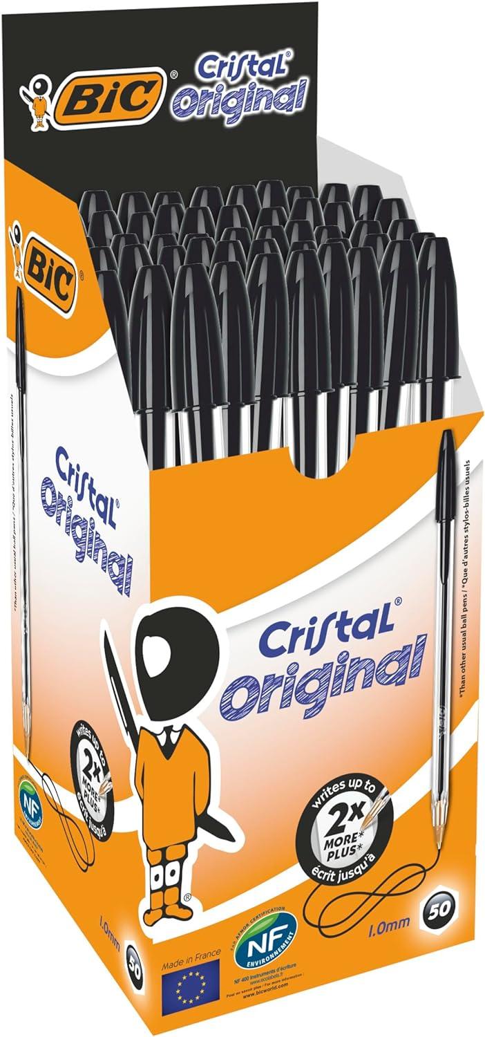bic cristal original smudge free ballpoint pens ideal for school black medium point 1.0mm pack of 50  bic