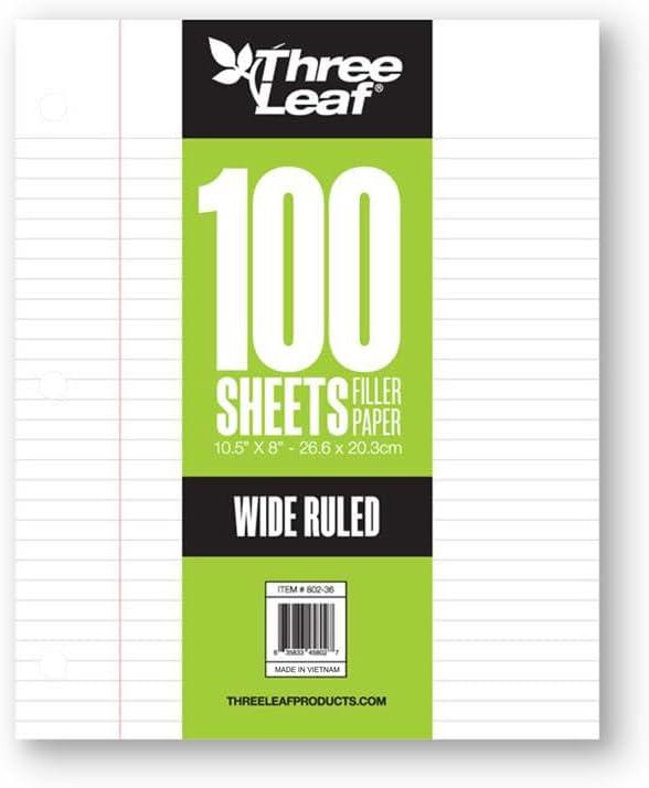 THREE LEAF 100 SHEETS WIDE RULED FILLED PAPER PACK OF 36 LOOSELEAF SHEETS FOR SCHOOL AND OFFICE 100 CT. FILLER PAPER NOTEBOOK PAPER