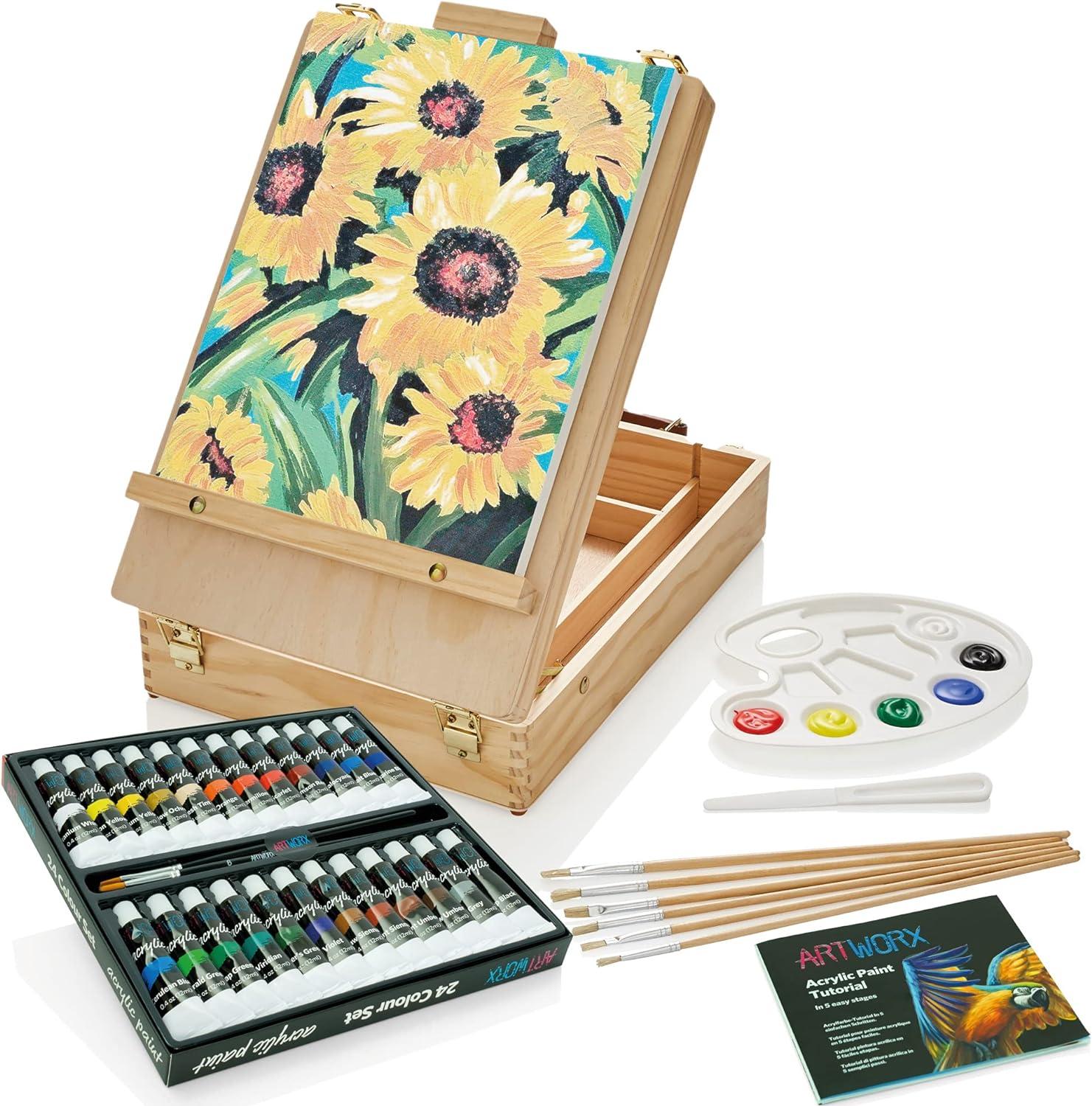 artworx painting set for adults box easel portable table top easel kit includes 2 x canvasses 24 x paints and