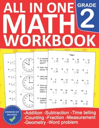math workbook for grade 2 with addition and subtraction exercises word problems time and money geometry