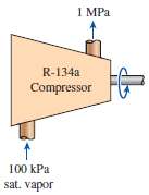 Refrigerant-134a enters an adiabatic compressor as saturated vapor at 100