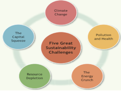 Identify the five major environmental sustainability challenges going forward. Which