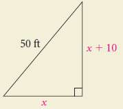 The hypotenuse of a right triangle is 50 ft. One