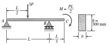 A wood beam ABC with simple supports at A and