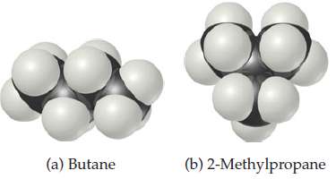 Butane and 2-methylpropane, whose space-filling models are shown at the