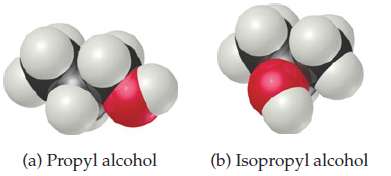 Propyl alcohol (CH3CH2CH2OH) and isopropyl alcohol [(CH3)2CHOH], whose space-filling models
