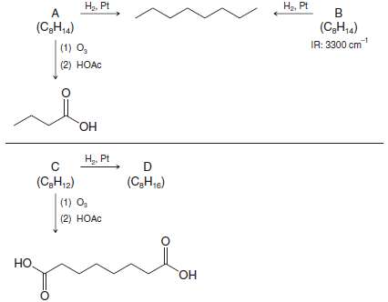 A, B, and C are alkynes. Elucidate their structures and