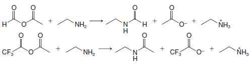 Two unsymmetrical anhydrides react with ethylamine as follows:
Explain the factors