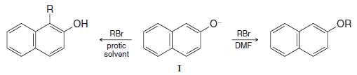 In protic solvents the naphthoxide ion (I) is alkylated primarily