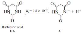 Barbituric acid dissociates as follows:
(a) Calculate the pH and fraction