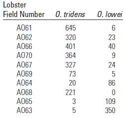 The table gives the numbers of Octolasmis tridens and O.
