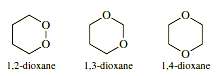 There are three dioxane isomers: 1, 2-dioxane, 1, 3-dioxane, and