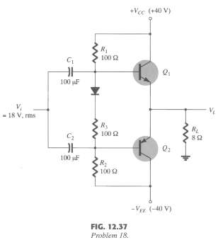 For the power amplifier of Fig. 12.37, calculate:
a. Po(ac).
b. Pi(dc).
c.
