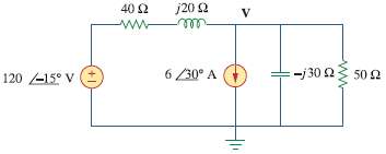 Use nodal analysis to find V in the circuit of