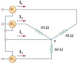 A three-phase, four-wire system operating with a 208-V line voltage