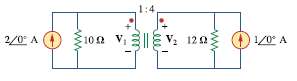 Obtain v1 and v2 in the ideal transformer circuit of
