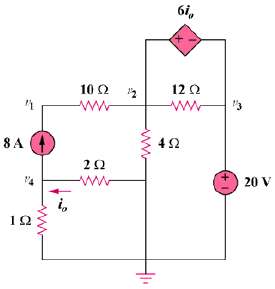 Find the nodal voltage v1 through v4 in the circuit