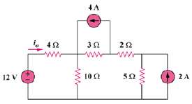 Given the circuit in Fig. 4.84, use superposition to get