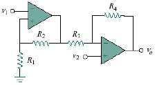 Figure 5.105 displays a two-op-amp instrumentation amplifier. Derive an expression