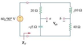 For the circuit in Fig. 9.73, calculate ZT and Vab‹….