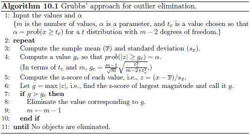 The Grubbs' test, which is described by Algorithm 10.1, is