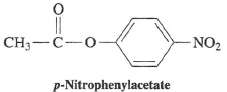 The cleavage of the ester p-nitrophenylacetate (shown below) by chymotrypsin